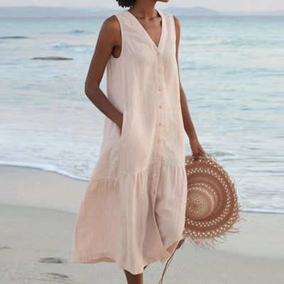 Renée | Mouwloze midi-jurk met knoopdetail