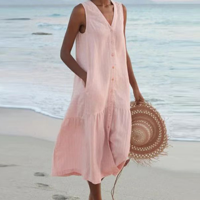 Renée | Mouwloze midi-jurk met knoopdetail