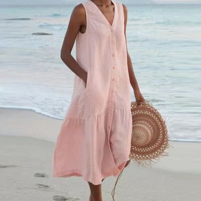 Renée | Mouwloze midi-jurk met knoopdetail
