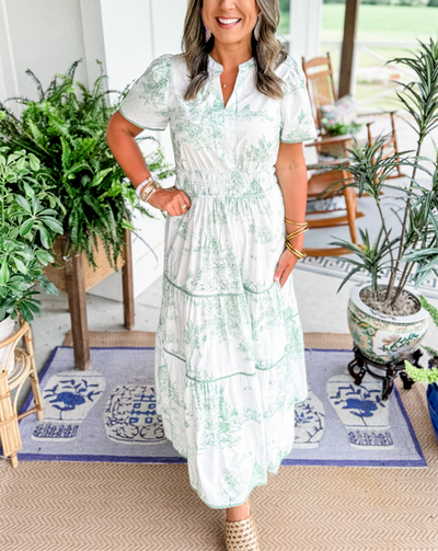 Aurélie | Maxi-jurk met groene toileprint en smocktaille