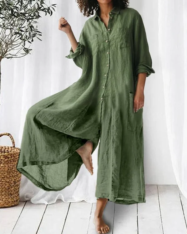 Maja | Luchtige Linnen Jumpsuit met Rolmouwen & Zijzakken