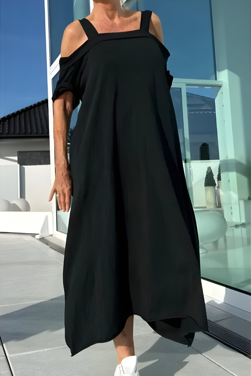 Loretta | Lange off-shoulder zomerjurk met zwierige flair