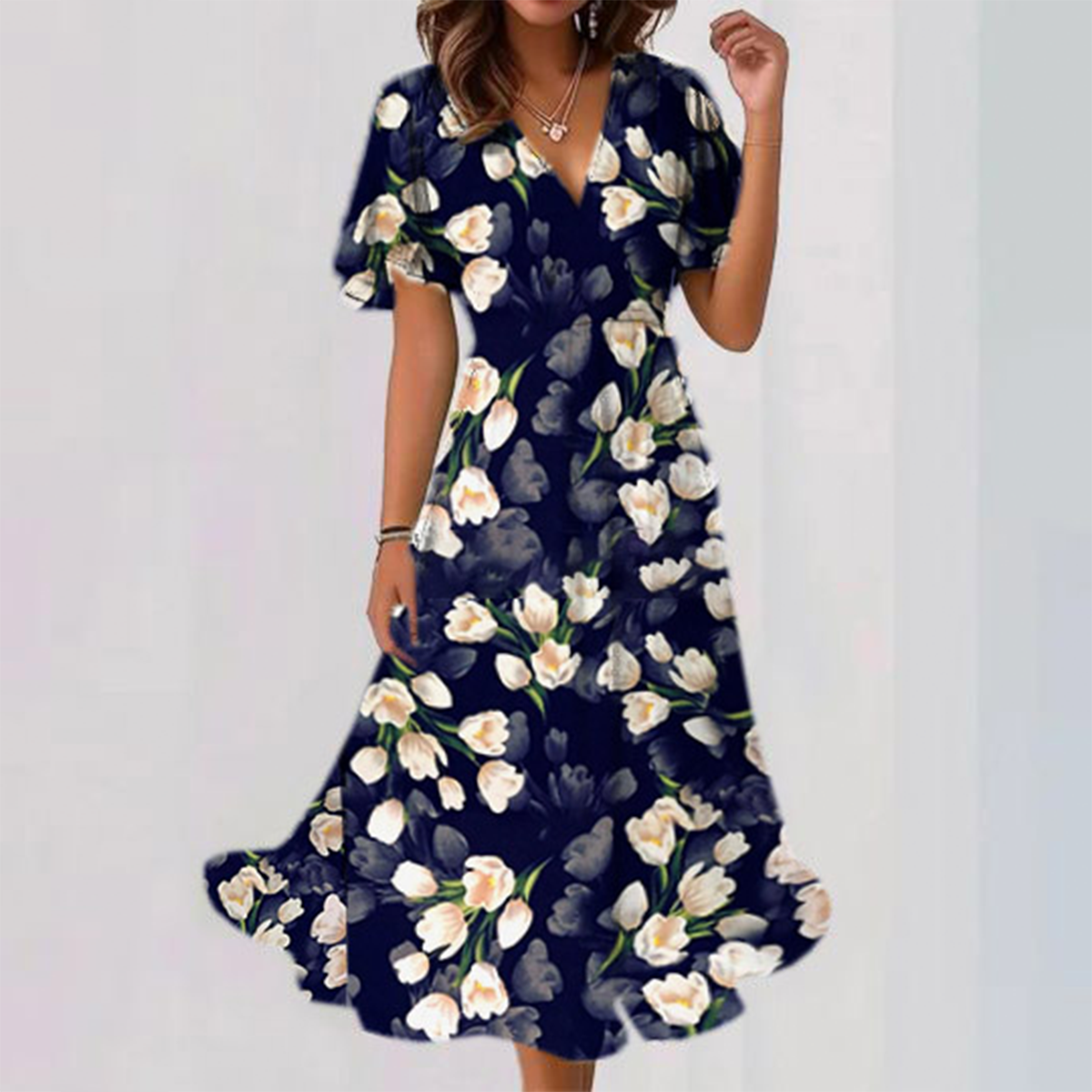Distinctive Floral Print Short Sleeve Midi Dress