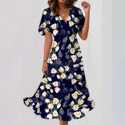 Distinctive Floral Print Short Sleeve Midi Dress