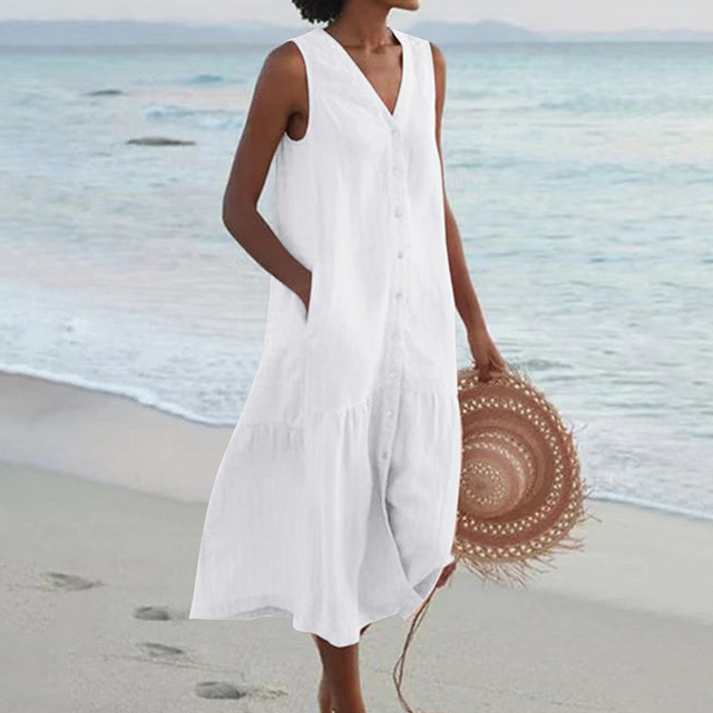 Renée | Mouwloze midi-jurk met knoopdetail