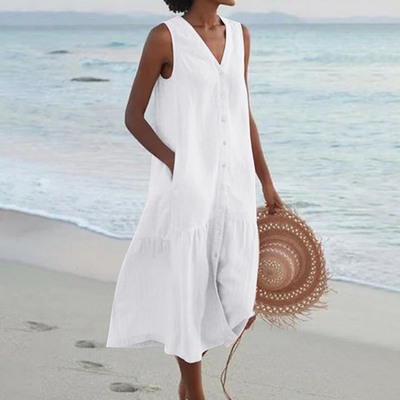 Renée | Mouwloze midi-jurk met knoopdetail