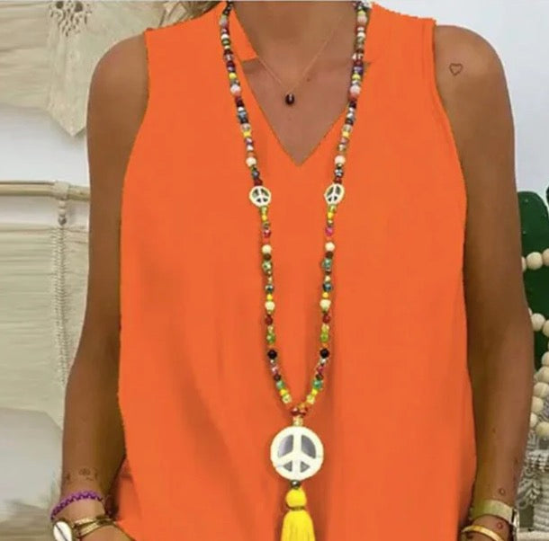 Orange Sleeveless Print Two Piece Set