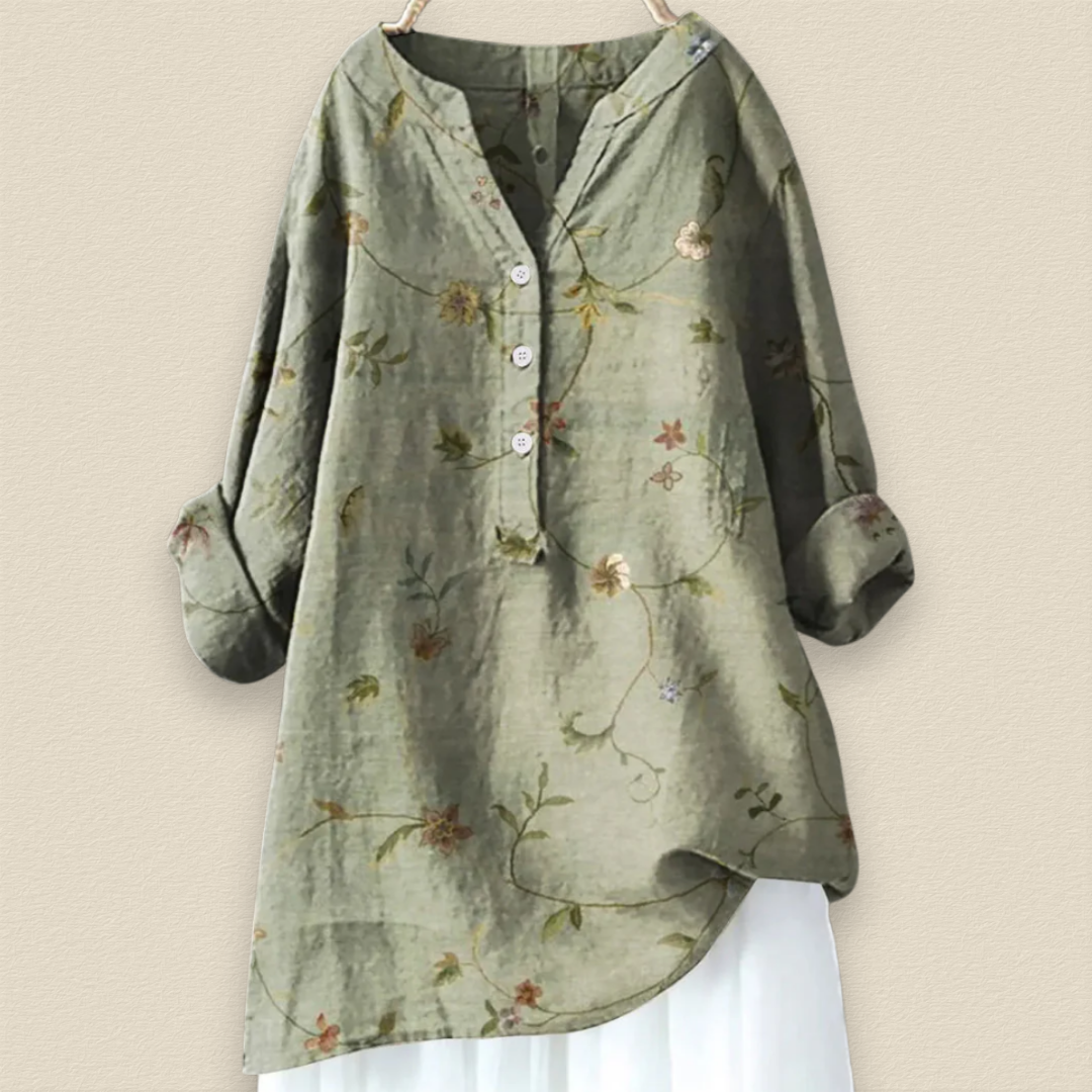 Camille | Bloemenblouse met luchtige pasvorm en mandarijnkraag