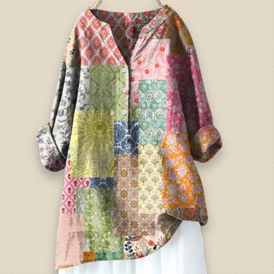 Camille | Bloemenblouse met luchtige pasvorm en mandarijnkraag