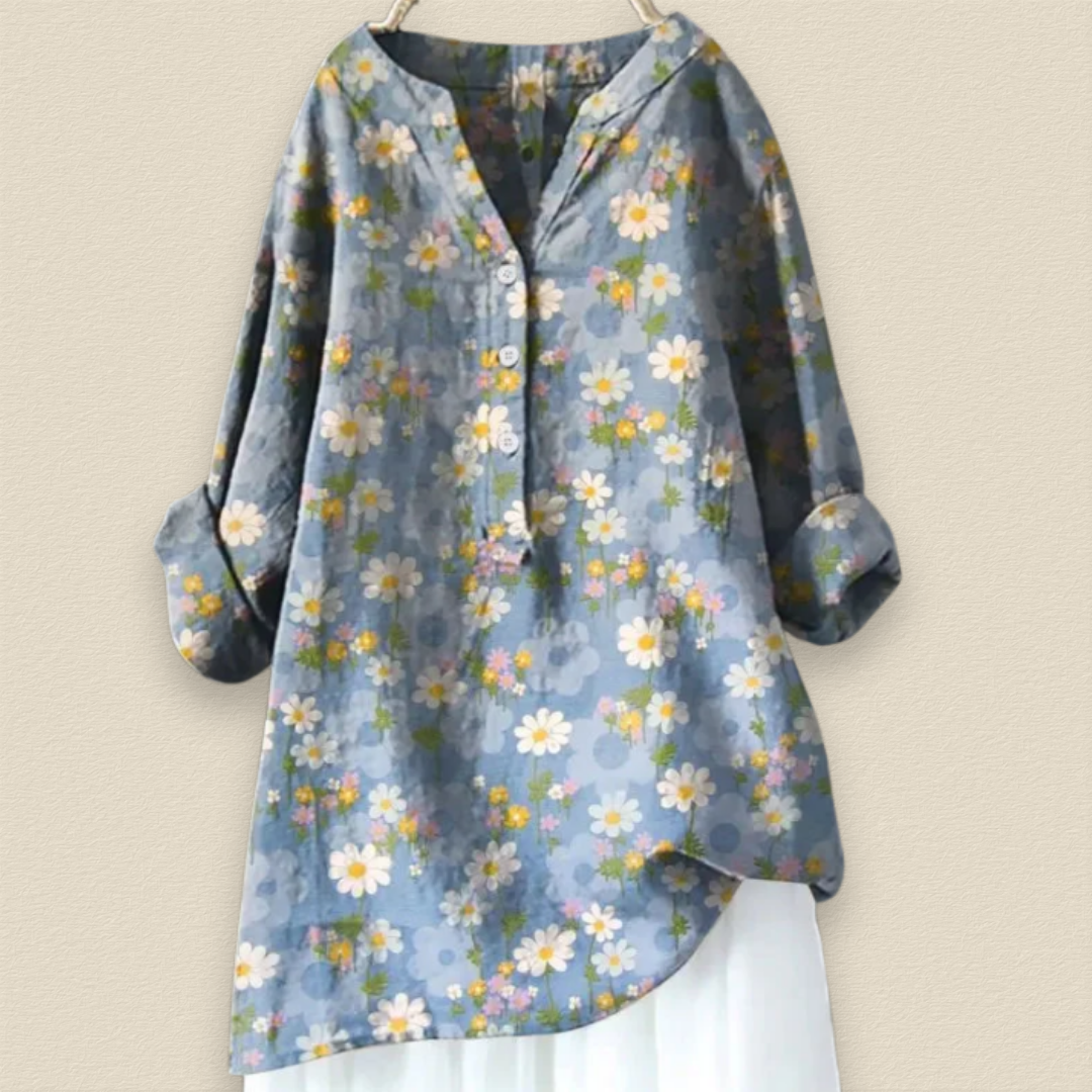 Camille | Bloemenblouse met luchtige pasvorm en mandarijnkraag