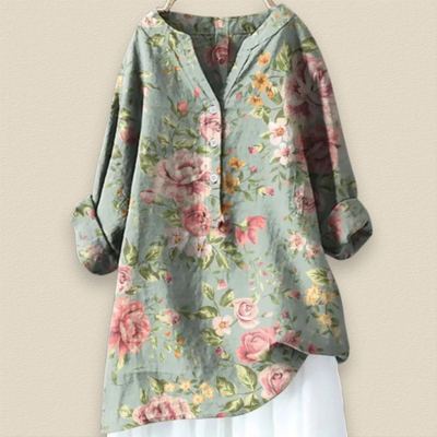 Camille | Bloemenblouse met luchtige pasvorm en mandarijnkraag