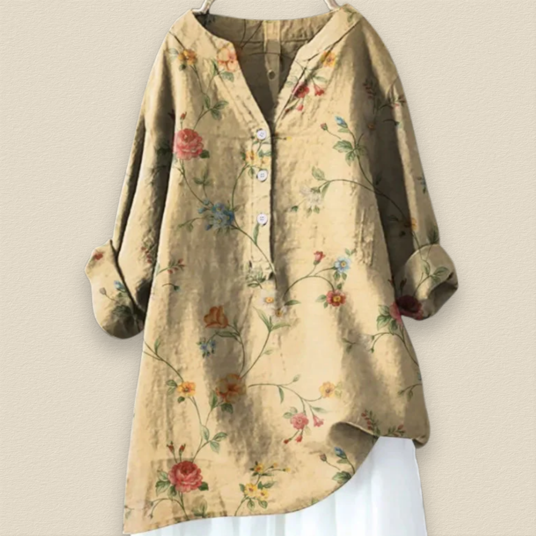 Camille | Bloemenblouse met luchtige pasvorm en mandarijnkraag