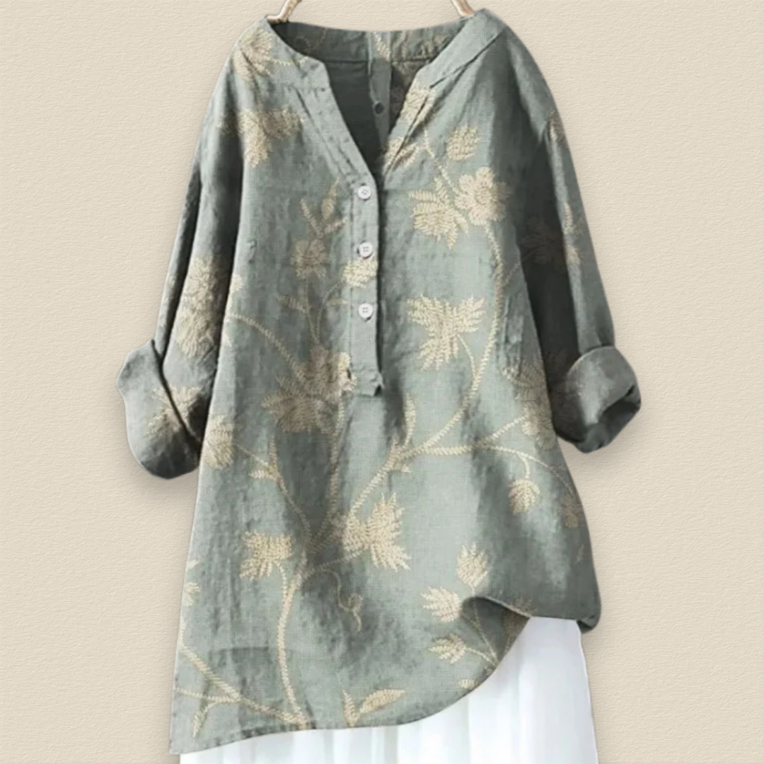 Camille | Bloemenblouse met luchtige pasvorm en mandarijnkraag