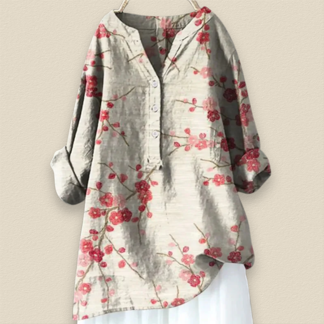 Camille | Bloemenblouse met luchtige pasvorm en mandarijnkraag