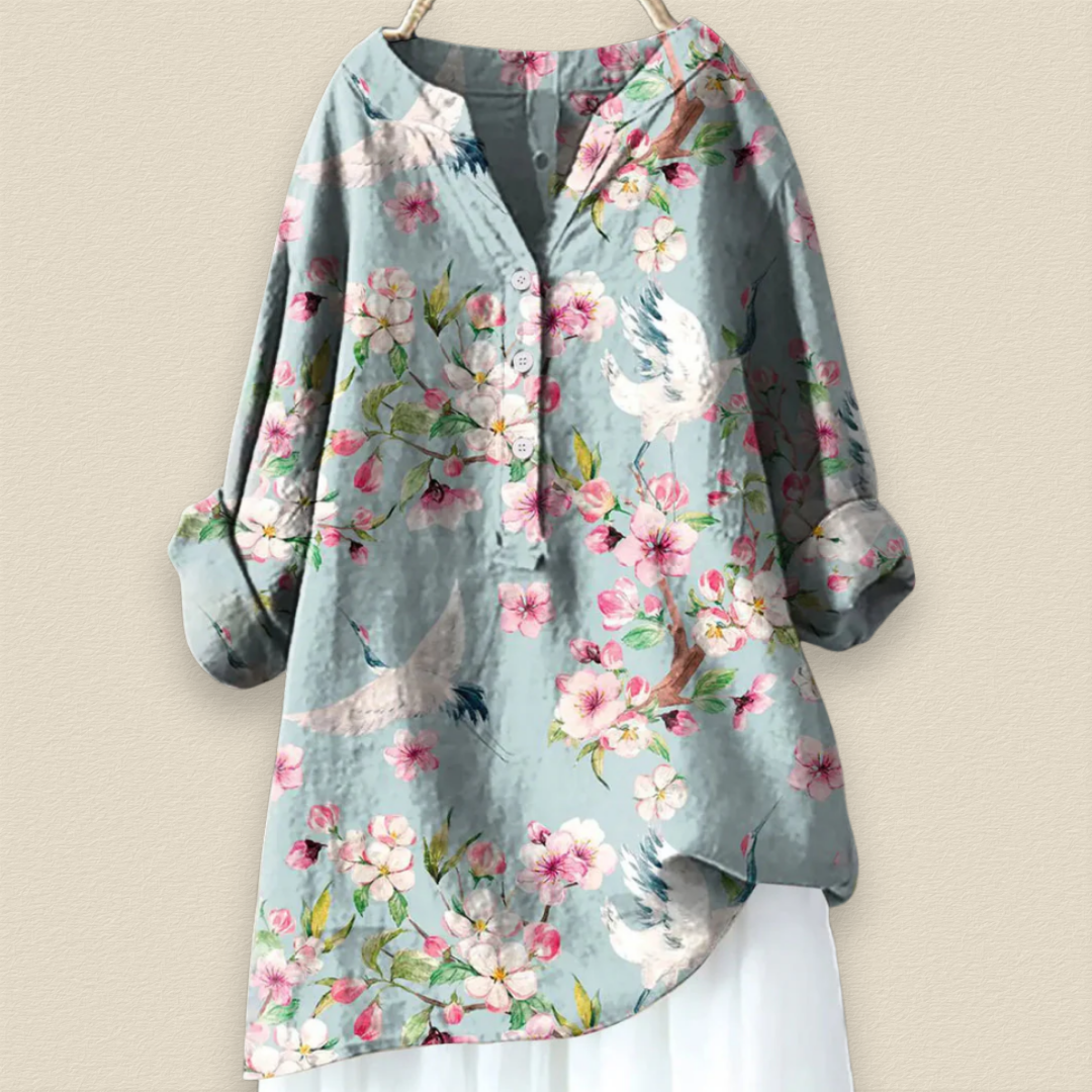 Camille | Bloemenblouse met luchtige pasvorm en mandarijnkraag
