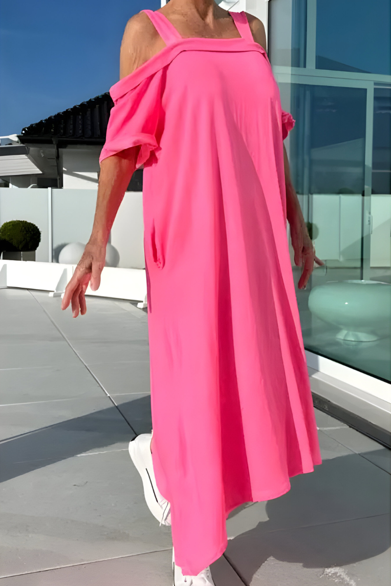 Loretta | Lange off-shoulder zomerjurk met zwierige flair