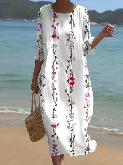 Éliane | Kimono-jurk met artistieke bloemenprint en ronde hals