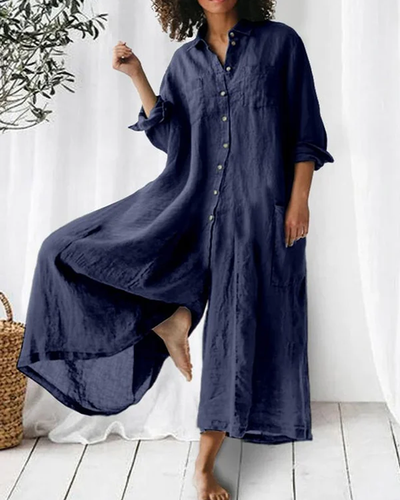 Maja | Luchtige Linnen Jumpsuit met Rolmouwen & Zijzakken