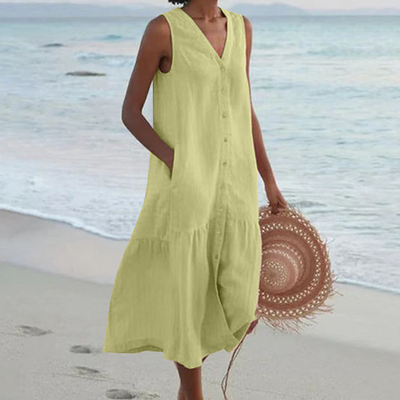 Renée | Mouwloze midi-jurk met knoopdetail