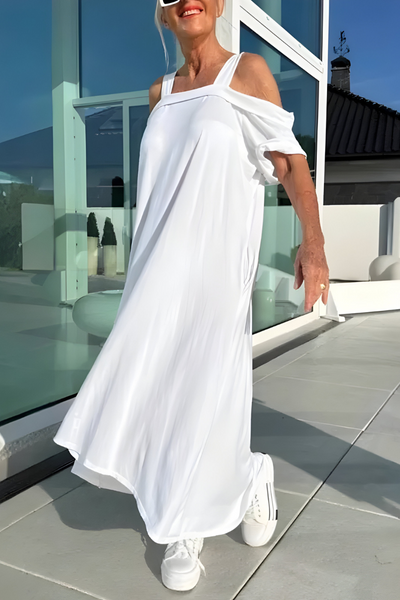 Loretta | Lange off-shoulder zomerjurk met zwierige flair