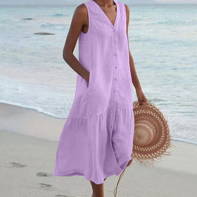 Renée | Mouwloze midi-jurk met knoopdetail