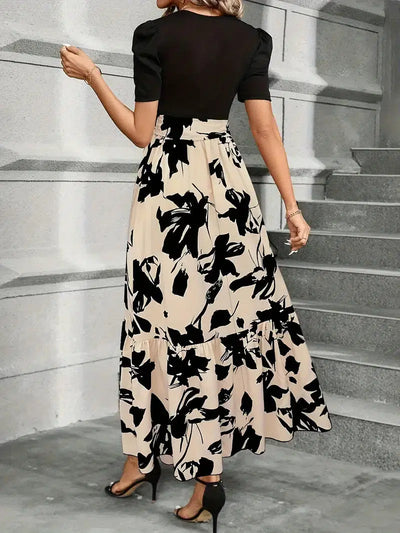 Chic Plant Print Short Sleeve Maxi Dress