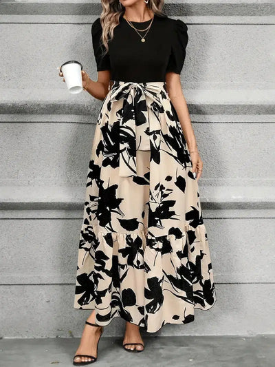 Chic Plant Print Short Sleeve Maxi Dress