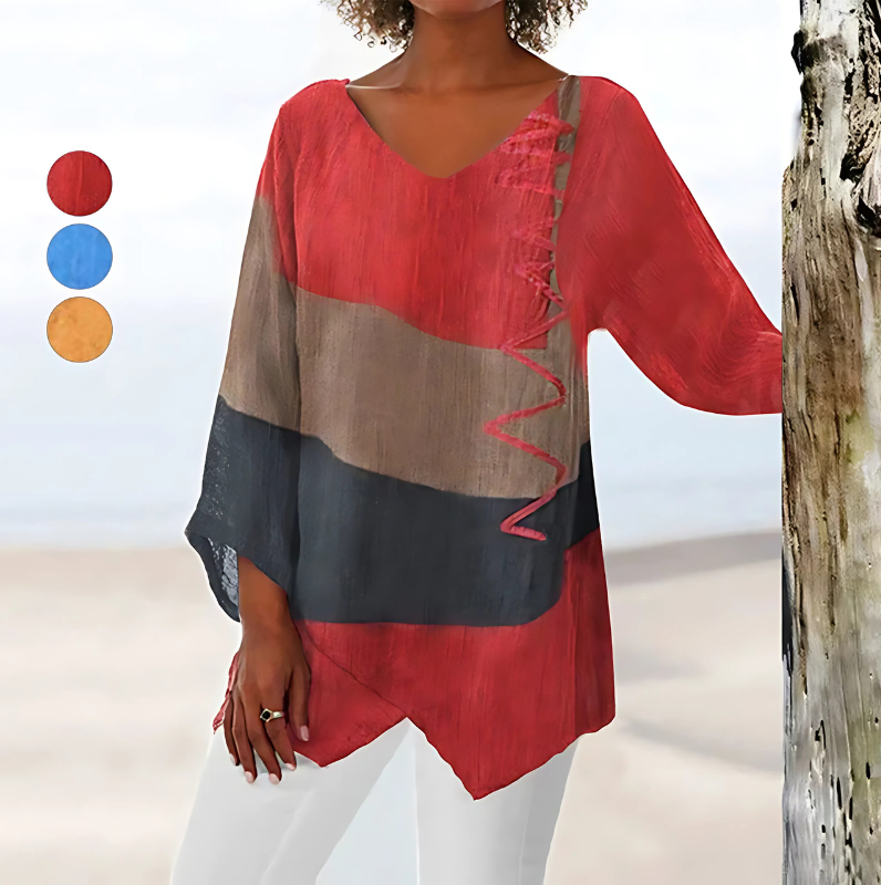 Clairette | Blouse met V-hals en artistieke print in vintage stijl