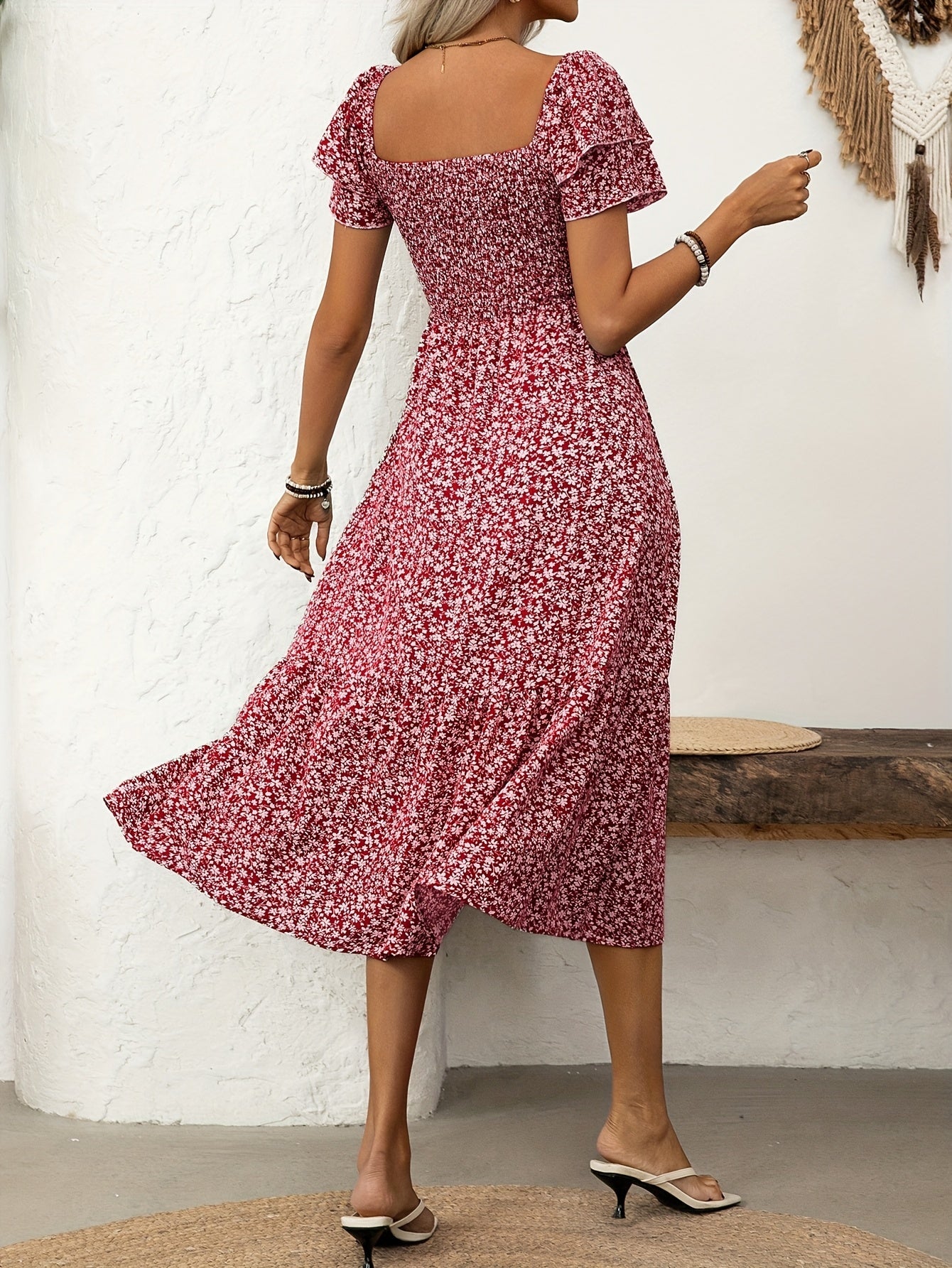 Florine | Midi-jurk met bloemenprint en rucherand