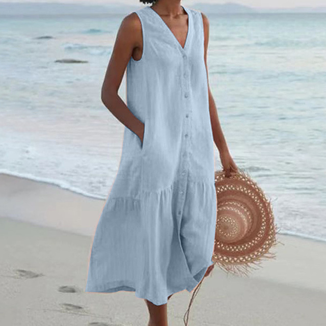 Renée | Mouwloze midi-jurk met knoopdetail