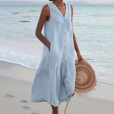 Renée | Mouwloze midi-jurk met knoopdetail