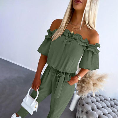 Noëlle | Off-shoulder jumpsuit met striklint en sierlijke ruches