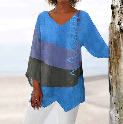 Clairette | Blouse met V-hals en artistieke print in vintage stijl