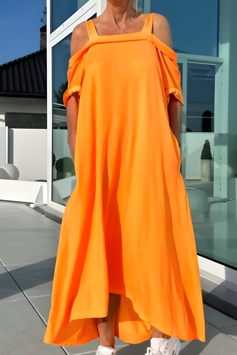 Loretta | Lange off-shoulder zomerjurk met zwierige flair