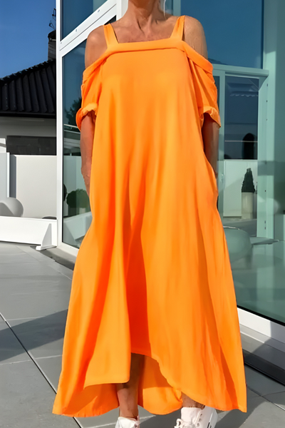 Loretta | Lange off-shoulder zomerjurk met zwierige flair