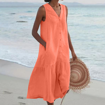 Renée | Mouwloze midi-jurk met knoopdetail