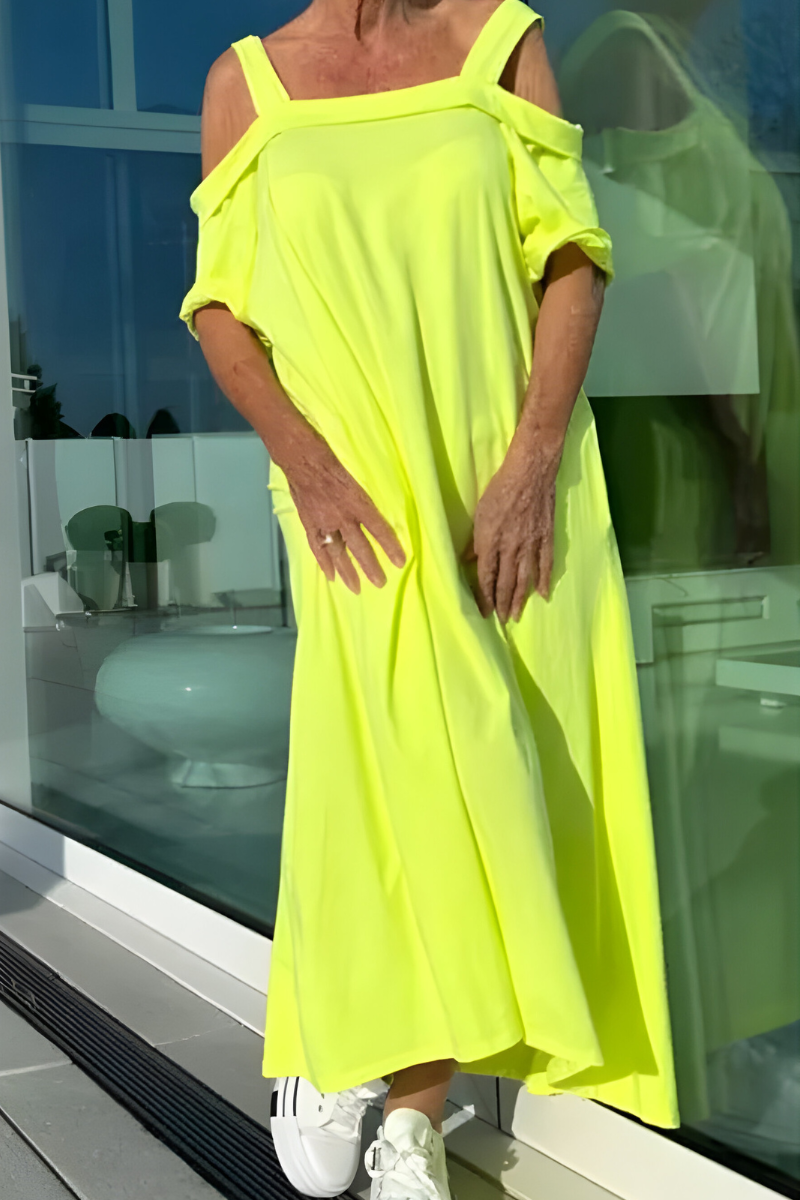 Loretta | Lange off-shoulder zomerjurk met zwierige flair