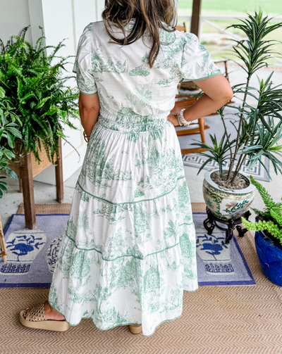 Aurélie | Maxi-jurk met groene toileprint en smocktaille