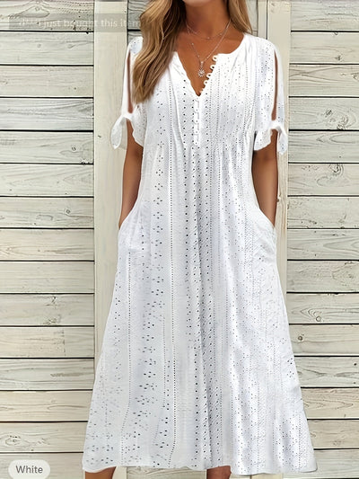 Odette | Geplooide Midi Jurk met V-Hals & Losse Pasvorm