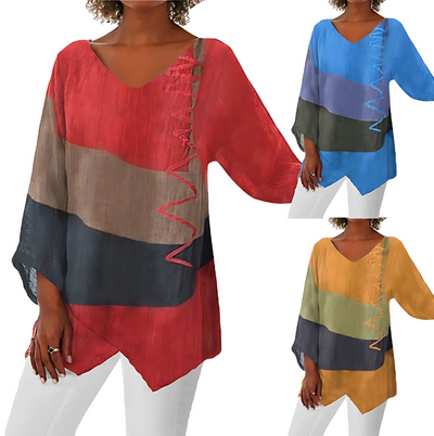 Clairette | Blouse met V-hals en artistieke print in vintage stijl