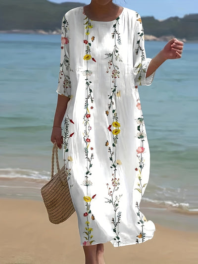 Éliane | Kimono-jurk met artistieke bloemenprint en ronde hals
