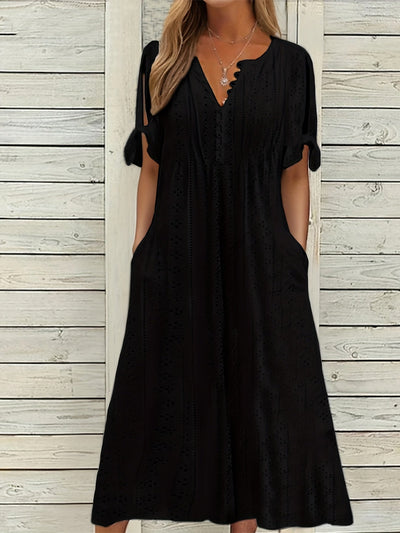 Odette | Geplooide Midi Jurk met V-Hals & Losse Pasvorm