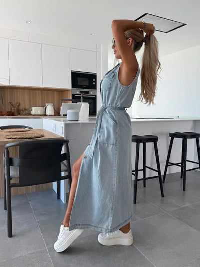 Hanna | Mouwloos lang denim jurk