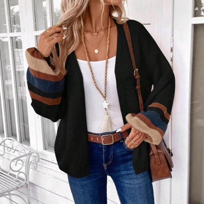 Janthe | Comfortabele open voorkant gestreepte cardigan met lantaarnmouwen