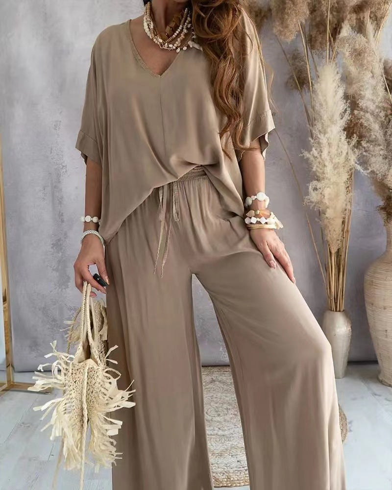 Renée | Zomers V-hals set met wijde broek