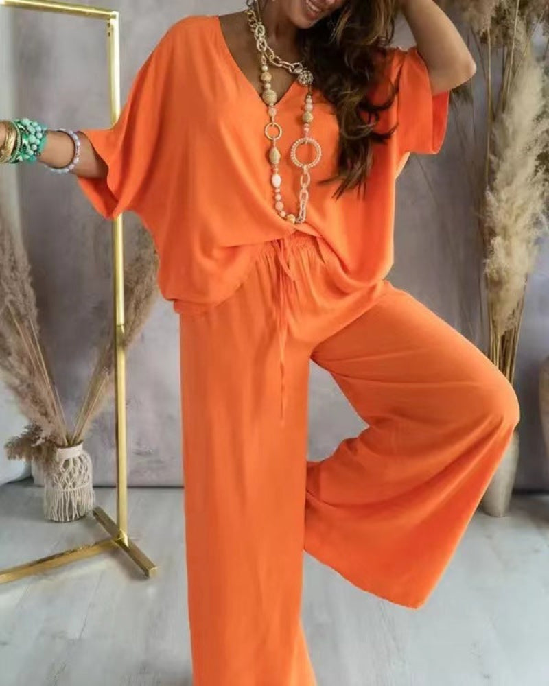 Renée | Zomers V-hals set met wijde broek