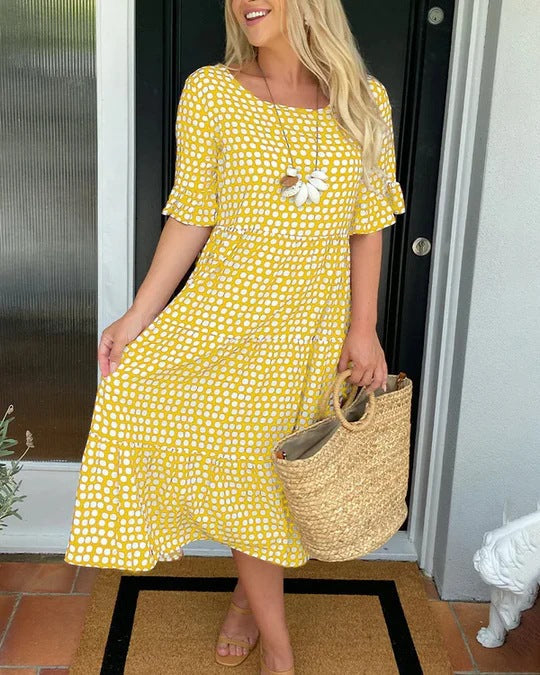 Isaline | Midi-jurk met ruches en speelse stippenprint