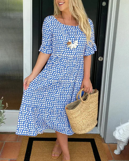 Isaline | Midi-jurk met ruches en speelse stippenprint