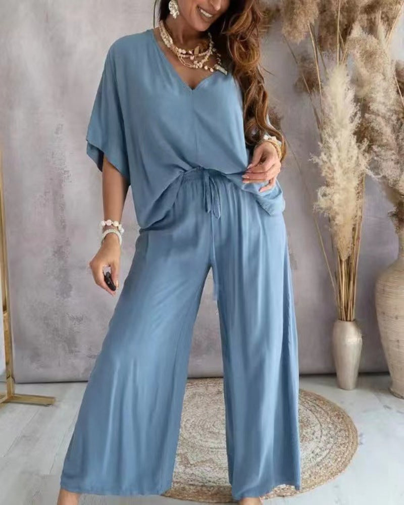 Renée | Zomers V-hals set met wijde broek