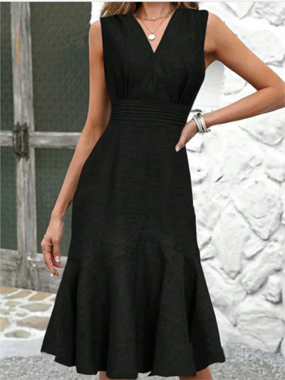 Summer Elegant Sleeveless Fishtail Dress Fashion Sexy V-neck High Waist Folds Slim Fit Holiday Women's Solid Midi Dress Vestidos